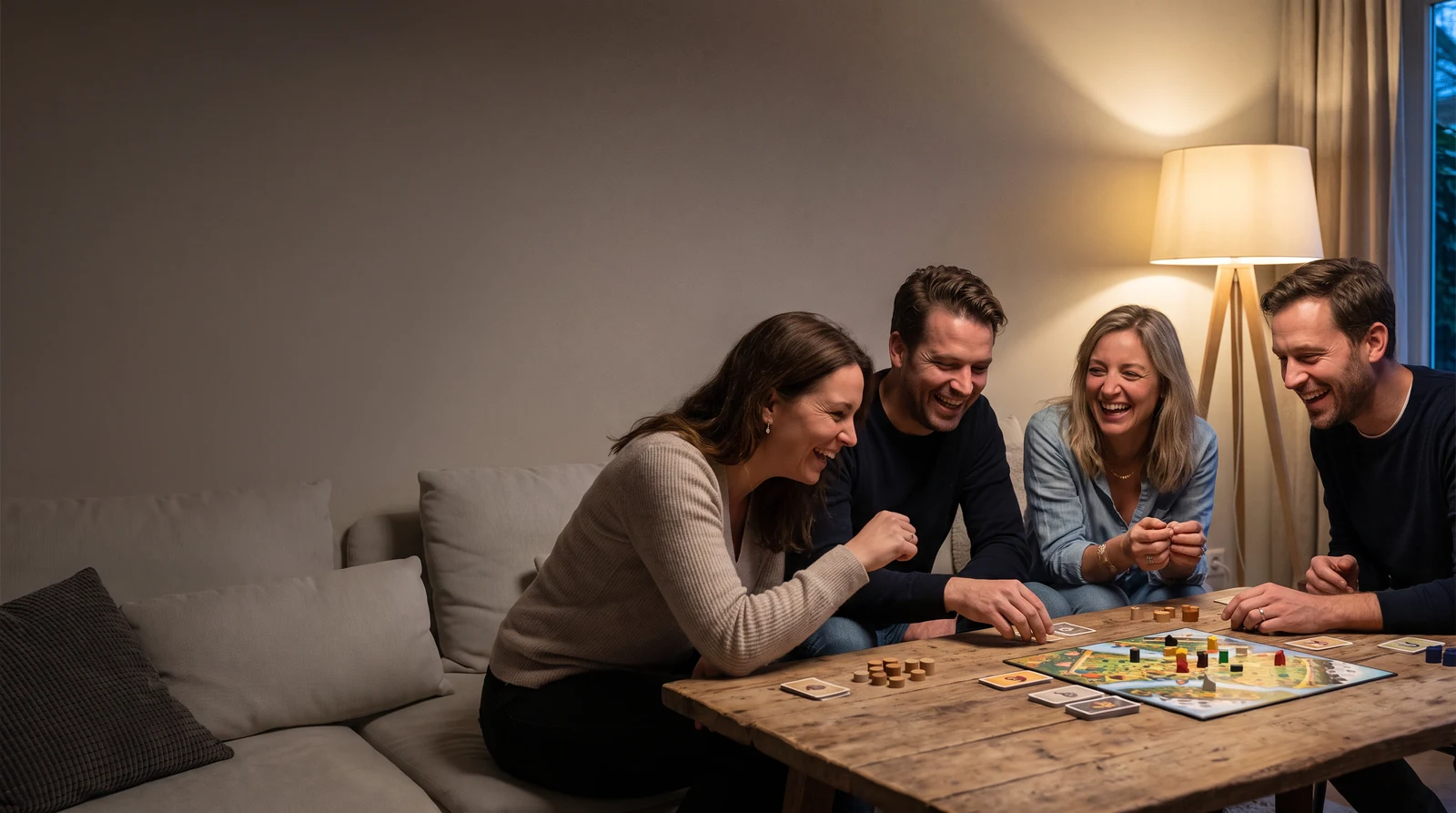 Friends enjoying a tabletop game around a table