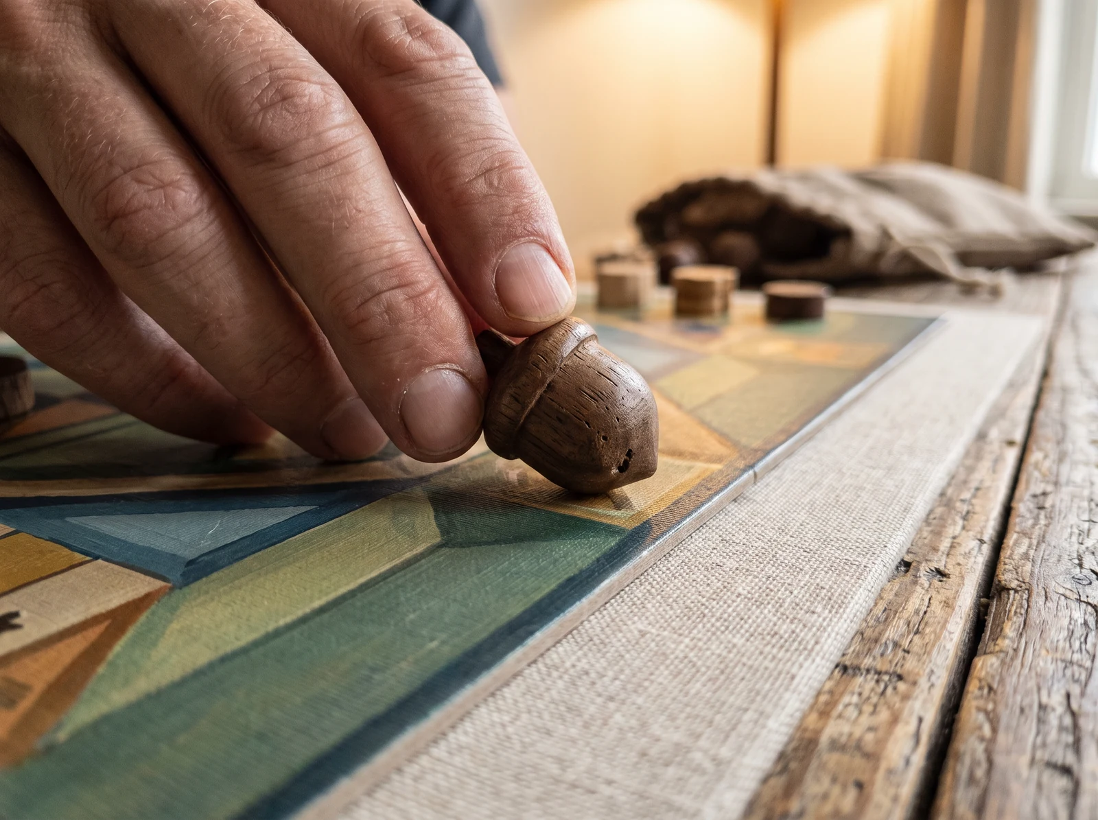 A hand moving a wooden game piece